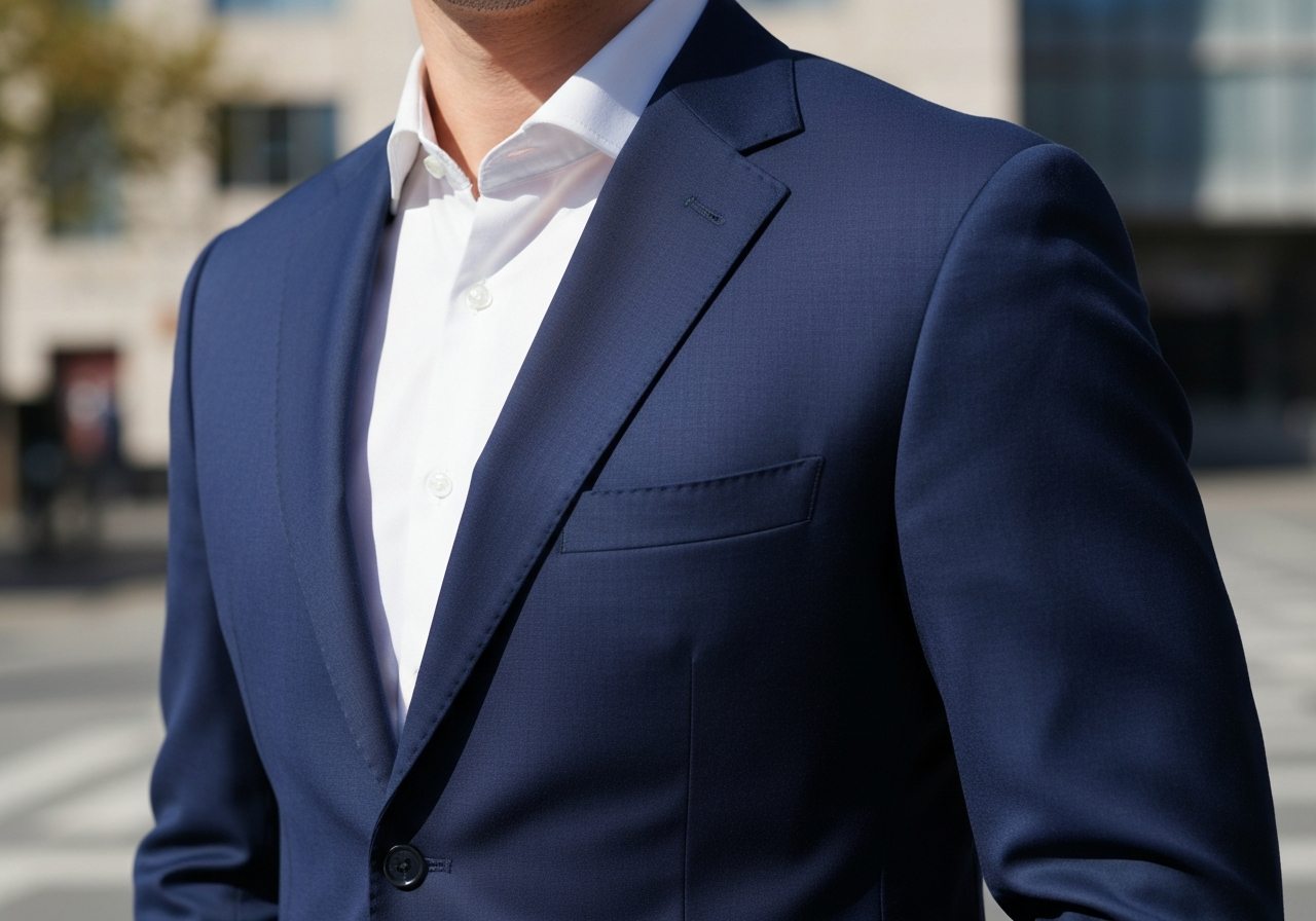 Męska marynarka w granatowym kolorze z widoczną fakturą tkaniny i detalami szwów, w naturalnym świetle.